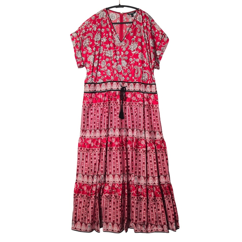 Lauren Ralph Lauren Floral Satin Cotton Tiered Maxi Dress Red 16W Boho NWT
